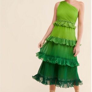 Viewer Bahl ombré green  Ruffled One-Shoulder Dress